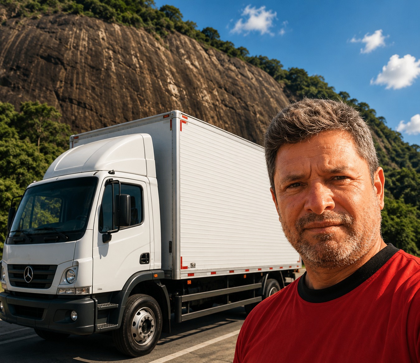 Profissional da JDB ao lado do caminhão da empresa